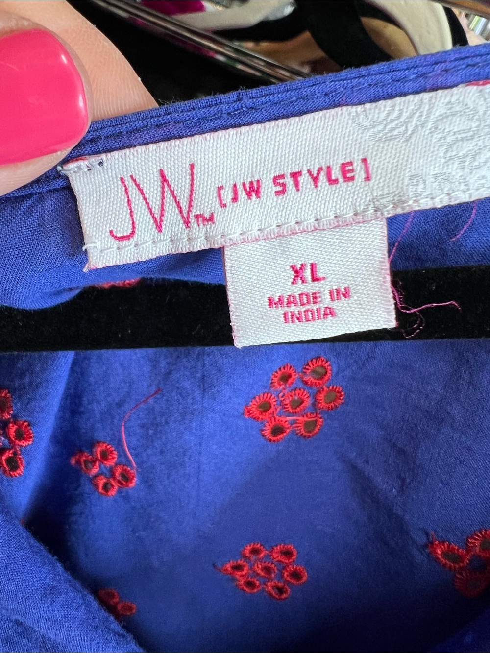 JW STYLE Bohemian Resortwear Blue Ruffled Sleeve Tope with Red Embroidery, XL - Picture 11 of 12